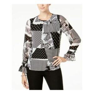 INC Womens Black Sheer Ruffled Printed Long Sleeve Crew Neck Wear To Work Top M